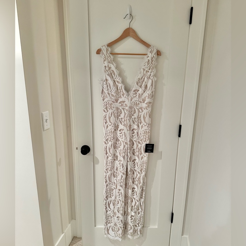 Lulus Enamored With You White Lace Wide-Leg Jumpsuit Size Medium